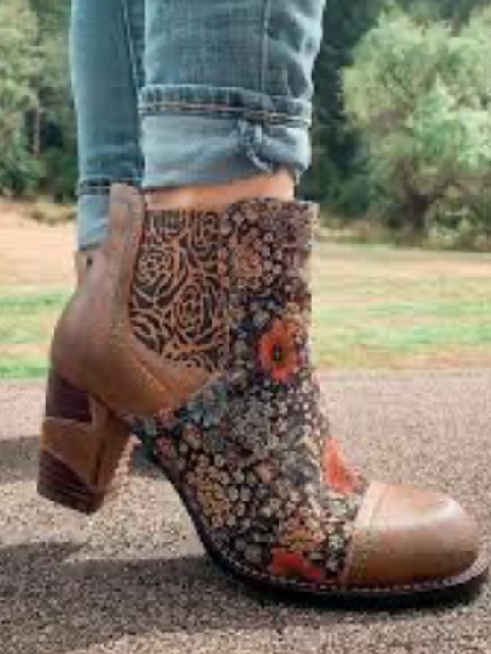 L'artiste Shoes - Melvina Floral Leather Ankle Booties - Brown Multi Size 39 (8.5 US Women’s)